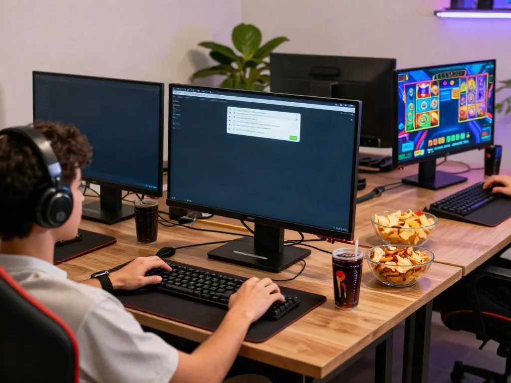 Player enjoying an engaging slot game experience on DA88 platform with snacks and vibrant graphics.