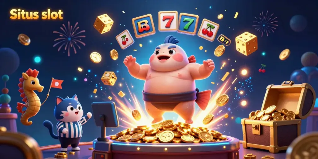 Situs slot illustration highlighting a thrilling underwater slot machine experience with festive characters and casino elements