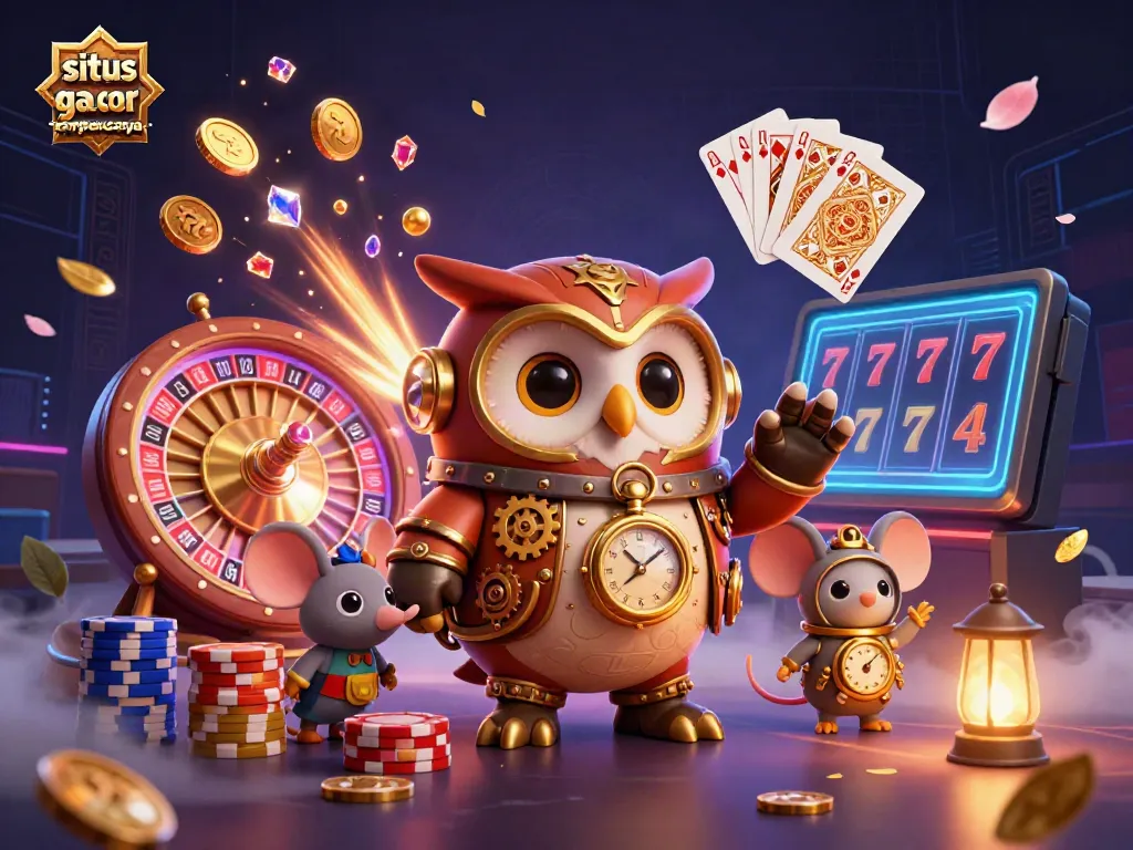 Sparkling illustration capturing a time-traveler owl in a steampunk setting, showcasing situs slot gacor terpercaya with vibrant gaming elements.