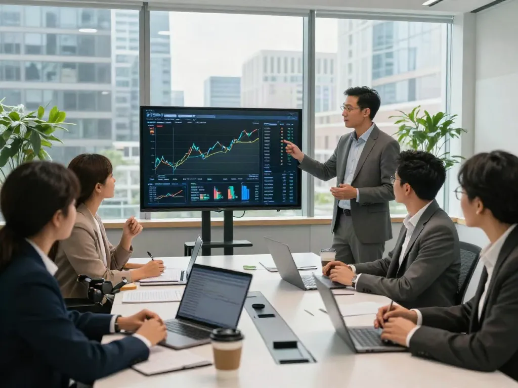 banorte empresas team collaboration in a modern office setting with financial data presentation