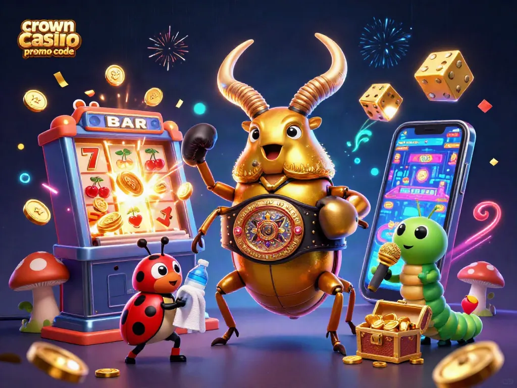 Spin and win with the crown coins casino promo code, featuring vibrant casino elements and characters.