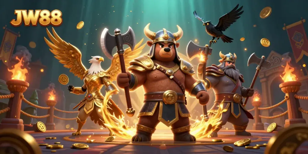 Engage in thrilling gameplay at JW88 with a Viking berserker and Valkyrie eagle amid rich casino elements.