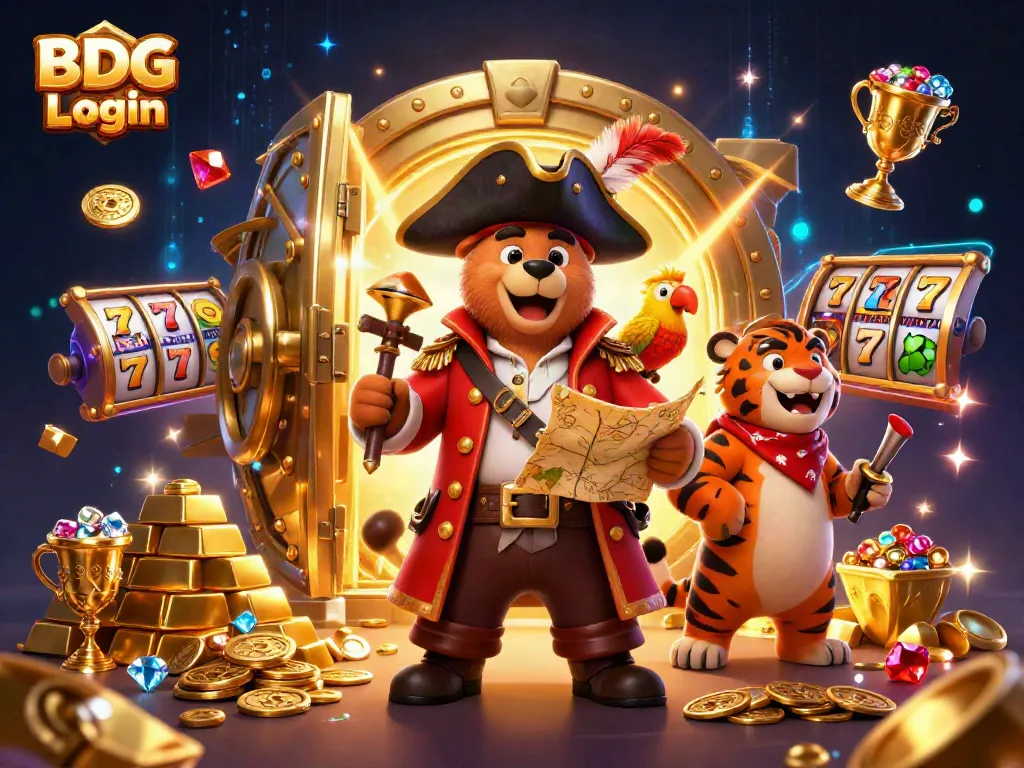Experience BDG Login with a vibrant casino scene featuring the pirate bear and friends amidst dazzling slot machines and treasures.
