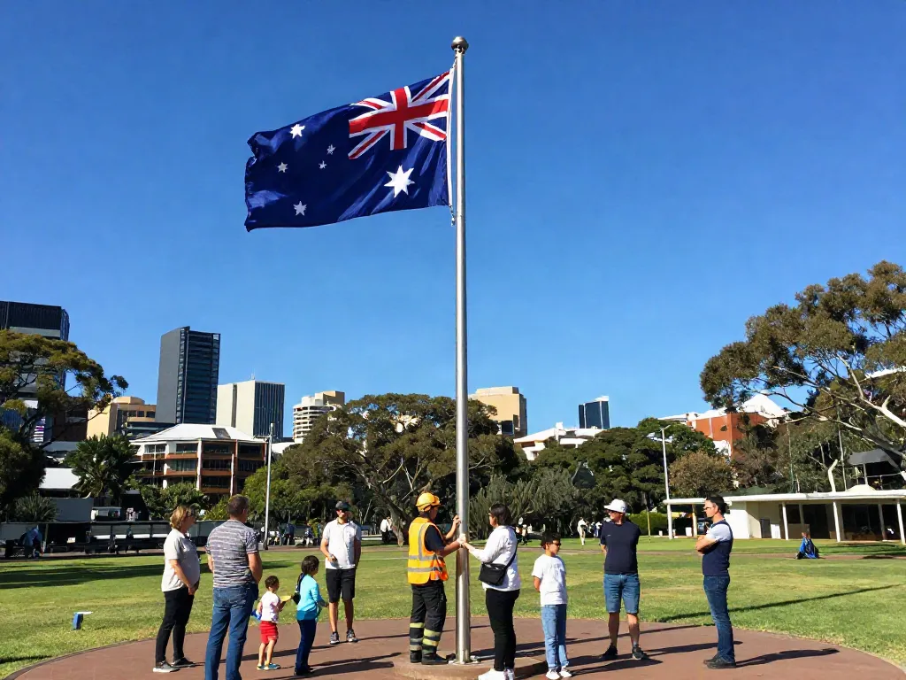 Flagpoles Australia displaying a well-constructed aluminium flagpole with the Australian flag in a vibrant urban park setting.