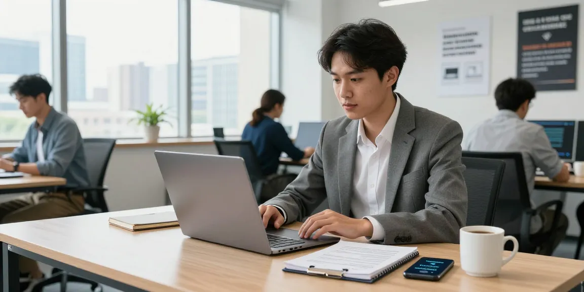 Engaged professional searching for หางาน opportunities at a bright office desk.